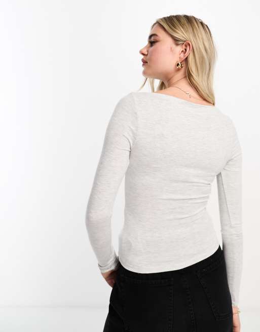 Miss Selfridge slash neck long sleeve top in gray heather