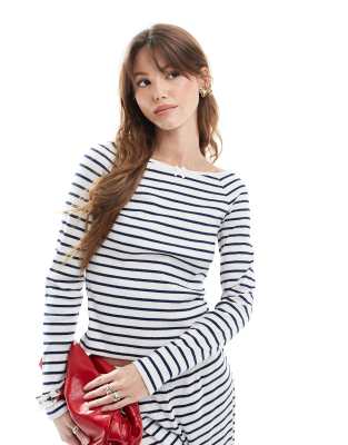 Miss Selfridge Slash Neck Navy Striped Long Sleeve Top - Part Of A Set