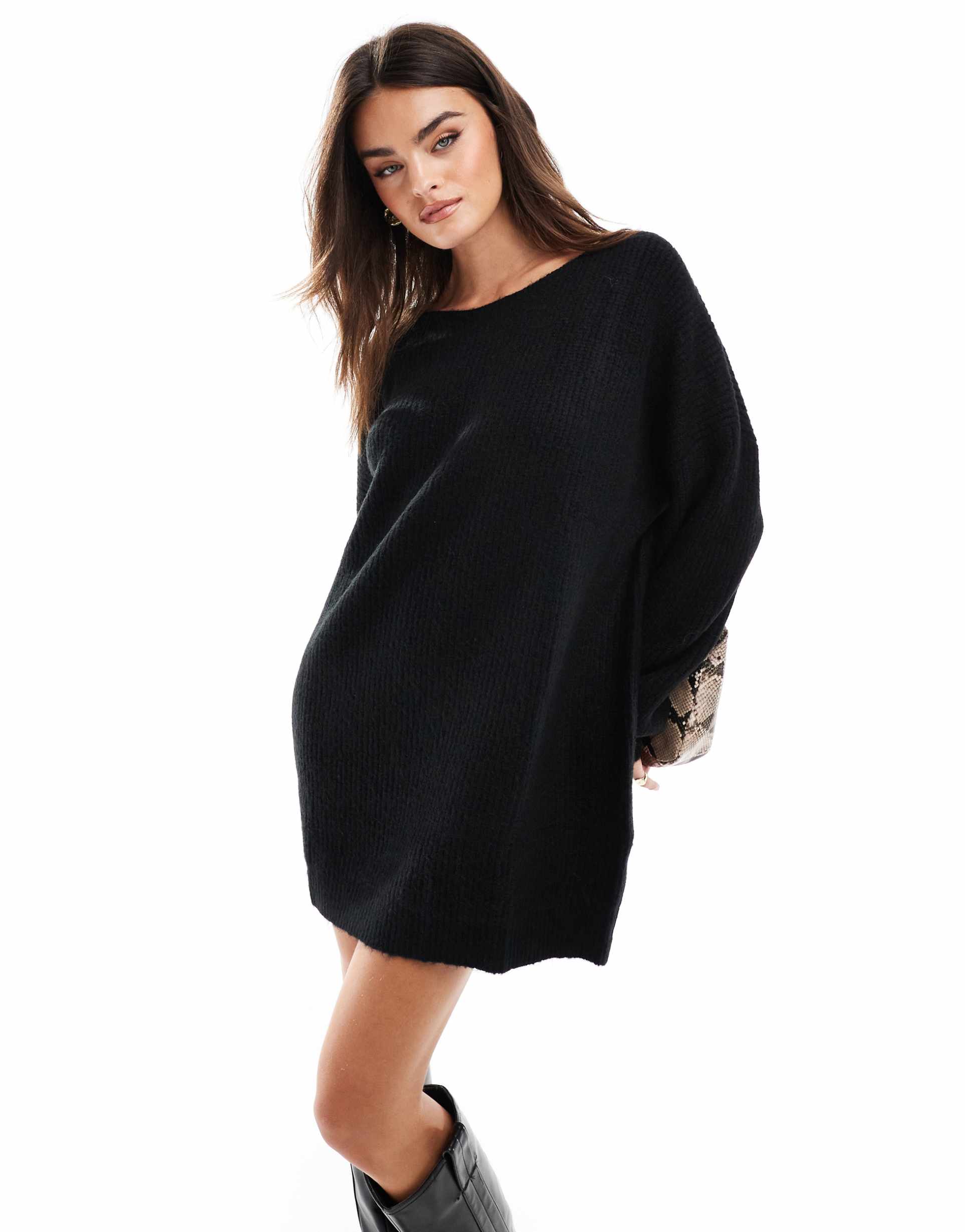 miss selfridge slash neck oversized knit mini dress in black