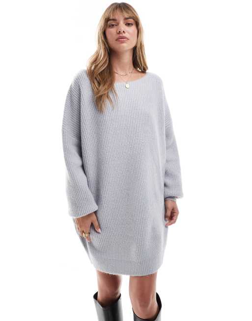 Miss Selfridge slash neck oversized knit mini dress in gray heather | ASOS