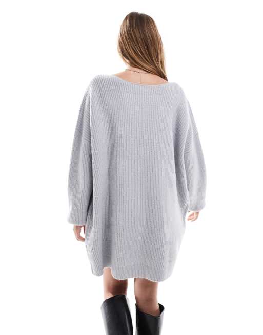 Miss Selfridge slash neck oversized knit mini dress in gray heather | ASOS