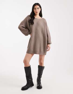 Miss Selfridge Miss Selfridge slash neck oversized knit mini dress in mocha-Brown