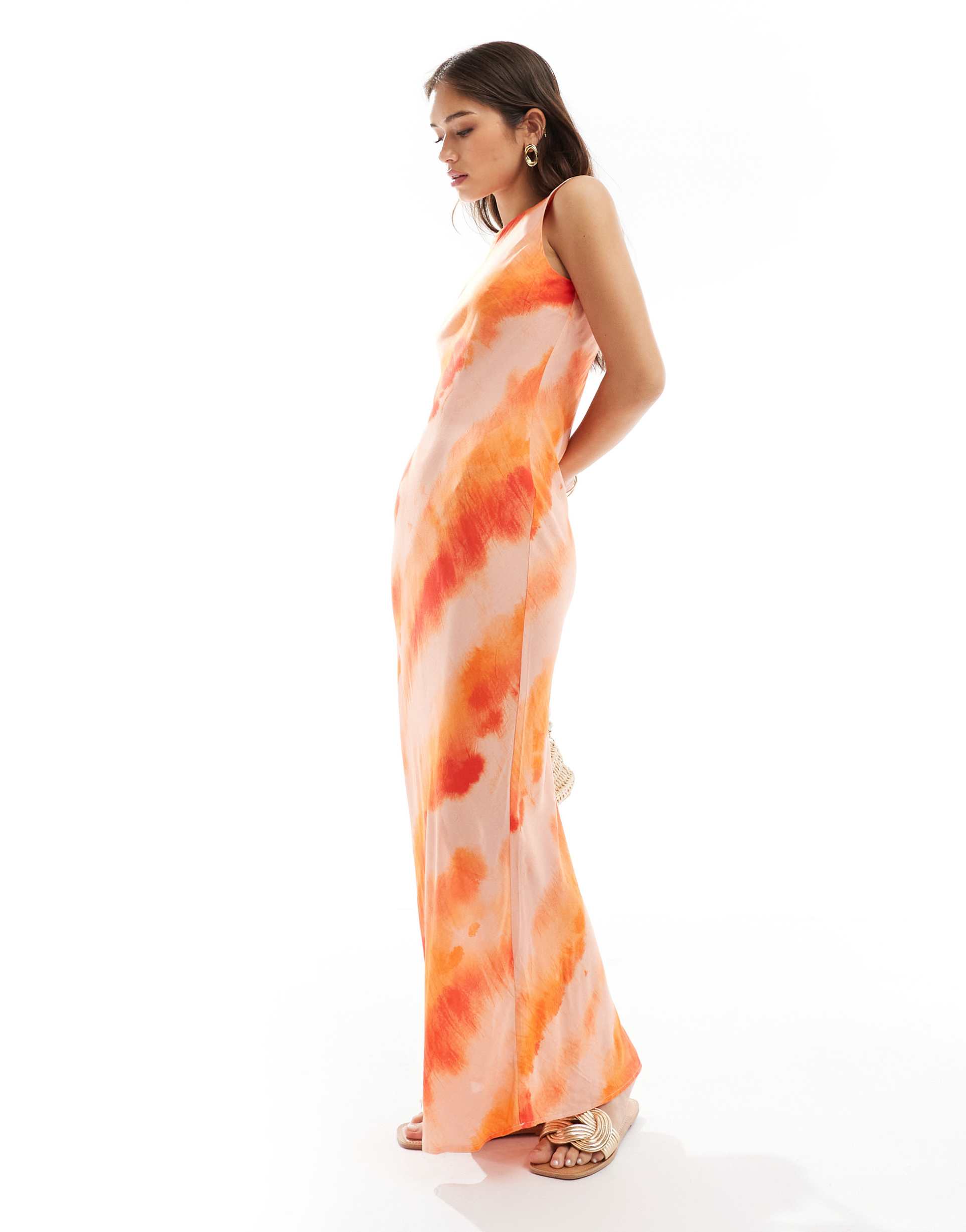 miss selfridge slash neck scoop back maxi dress in orange tie dye print