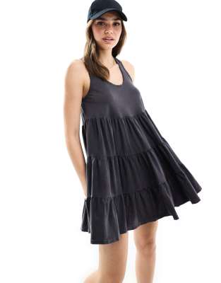 sleeveless acid wash smock mini dress in black