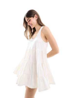 sleeveless acid wash smock mini dress in cream-No color