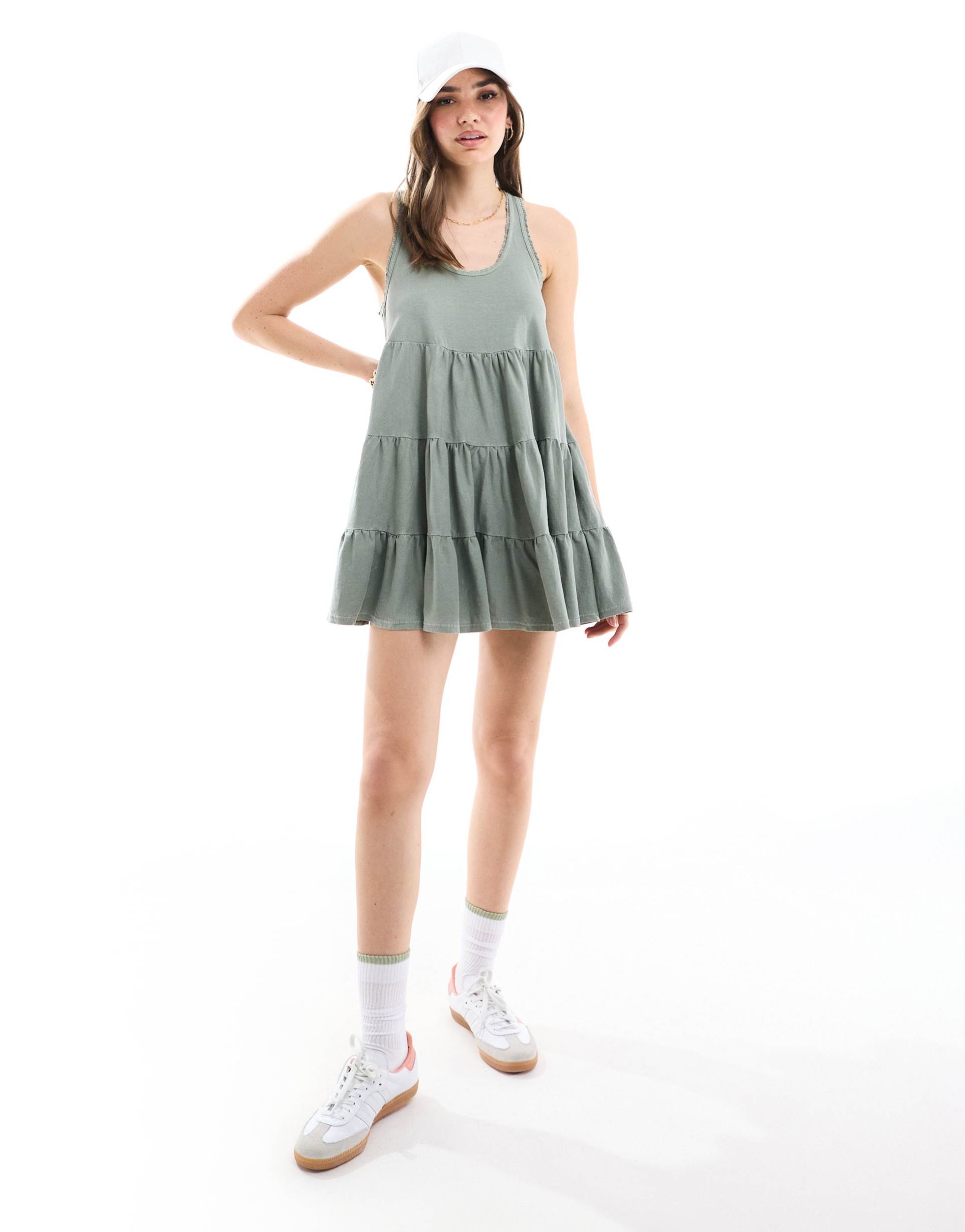 miss selfridge sleeveless acid wash smock mini dress in sage