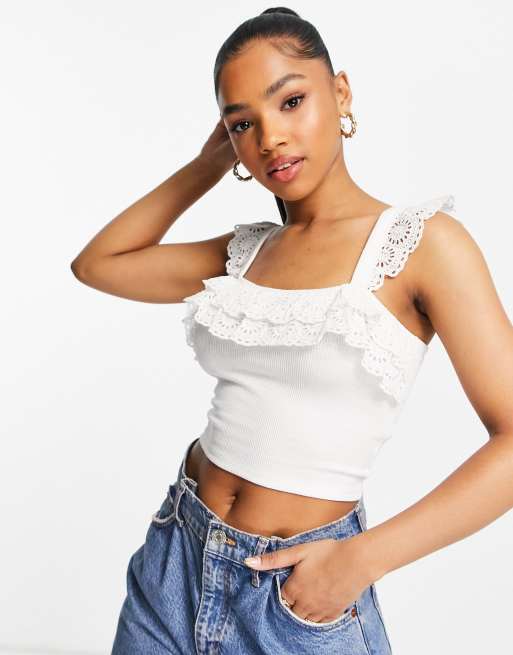 Miss Selfridge sleeveless broderie ruffle crop top in white | ASOS