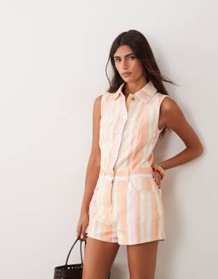 Miss Selfridge Sleeveless Denim Romper With Seam Detail In Multi