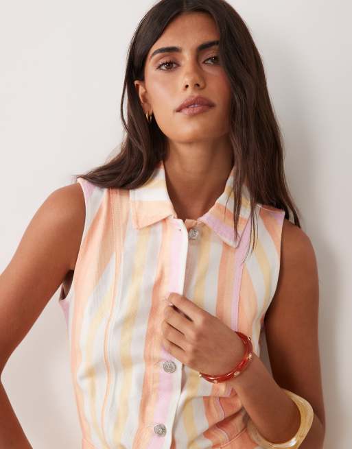 Miss Selfridge sleeveless denim romper with seam detail in stripe, 2 of 4