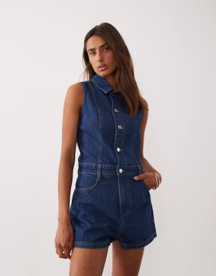 Miss Selfridge Sleeveless Denim Romper With Seam Detailing In Blue