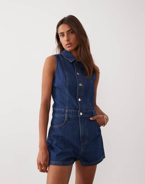 Miss Selfridge sleeveless denim romper with seam detailing in indigo wash - view 1