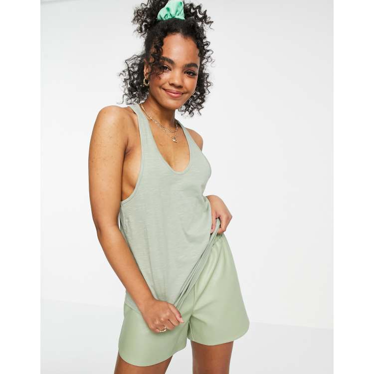 Miss Selfridge sleeveless drop armhole tank top in khaki | ASOS