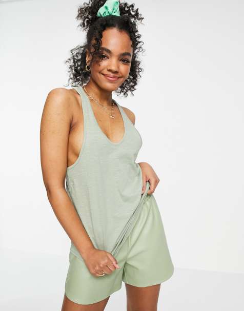 Miss Selfridge sleeveless drop armhole vest top in khaki  - view 1