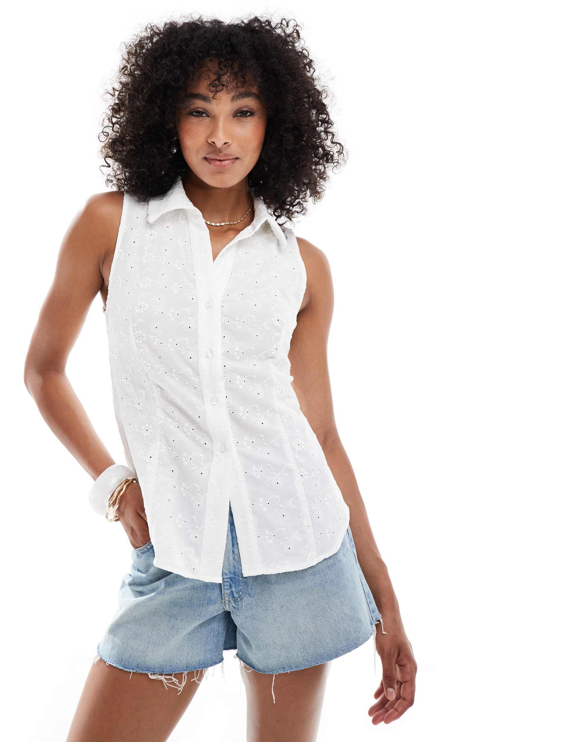 miss selfridge sleeveless eyelet shirt in white