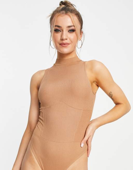 Miss Selfridge sleeveless seam detail funnel neck bodysuit in tan