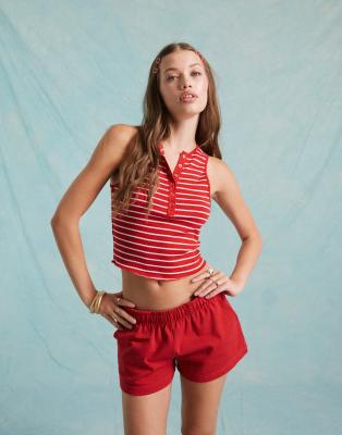 Miss Selfridge Sleeveless Snap Top In Red Stripe