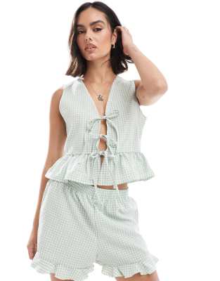 Miss Selfridge sleeveless tie front top in sage-Green