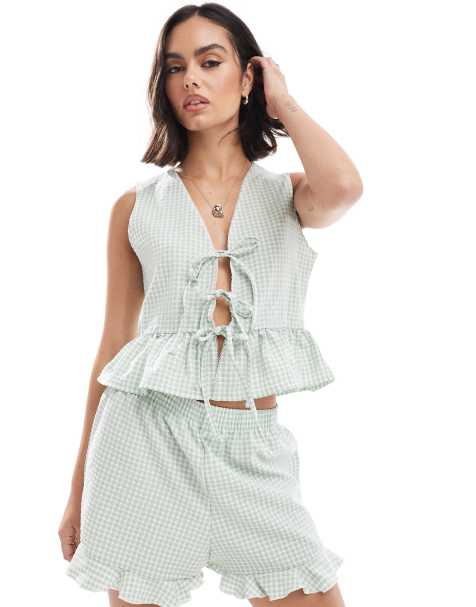 Miss Selfridge sleeveless tie front top in sage - view 1