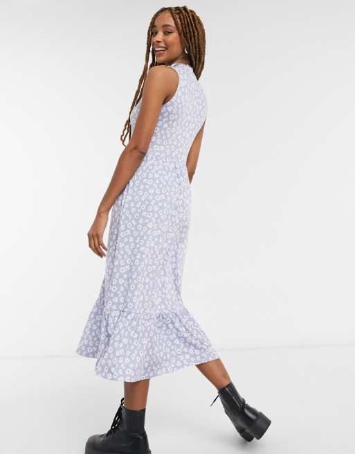 Miss Selfridge sleeveless tiered midi dress in blue daisy