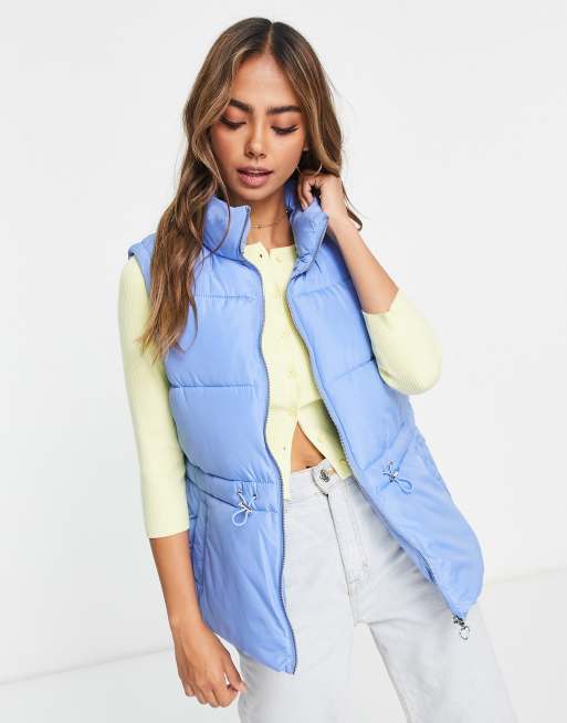 Miss Selfridge sleeveless waisted longer line puffer in cornflour blue