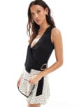 [Miss Selfridge] Miss Selfridge sleeveless wrap top with metal trim detail in black S BLACK