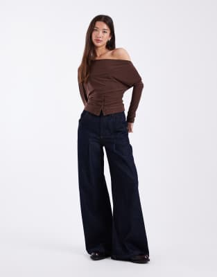 Miss Selfridge Slinky Off The Shoulder Top With Button Detailing-brown In Brown