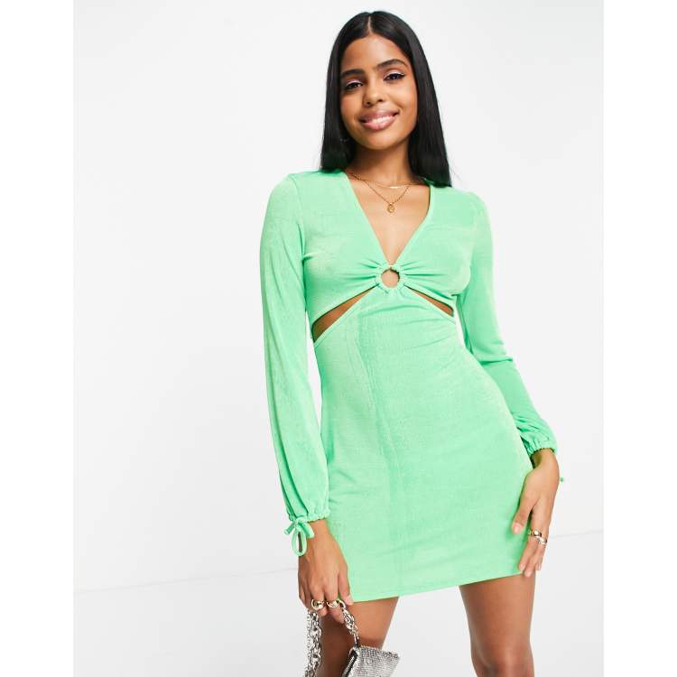 Green metallic asymmetrical 2024 ring detail bodycon dress