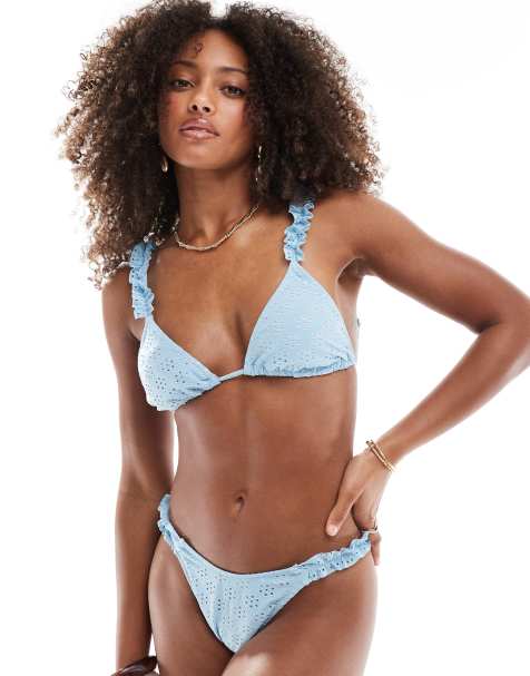 Miss Selfridge - Slip bikini blu pallido con fascette laterali con volant - view 1