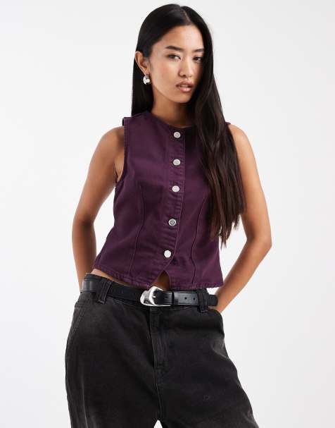 Miss Selfridge denim fitted waistcoat in plum
