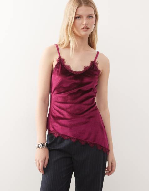 Miss selfridge asym velvet cami top with lace trims in plum