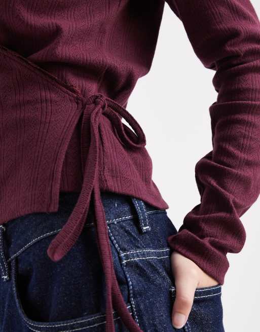 Miss Selfridge – Śliwkowy kopertowy top z dzianiny pointelle, 2 z 4