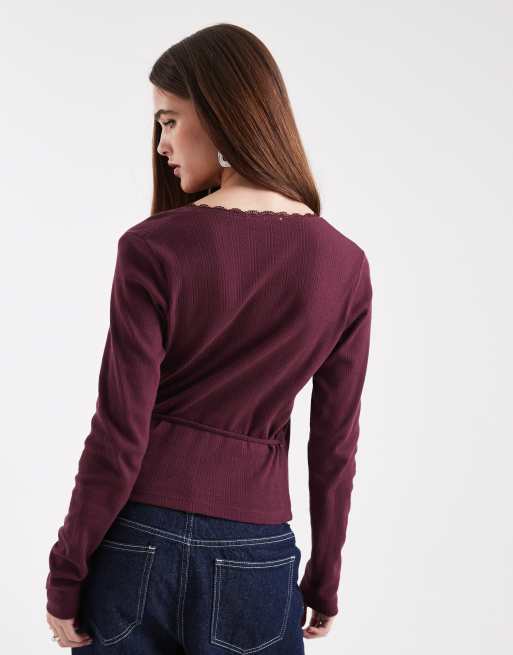 Miss Selfridge – Śliwkowy kopertowy top z dzianiny pointelle, 3 z 4