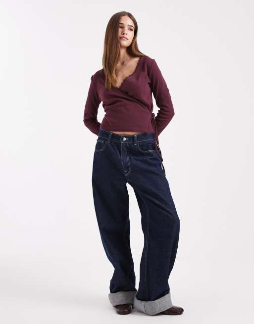Miss Selfridge – Śliwkowy kopertowy top z dzianiny pointelle, 4 z 4