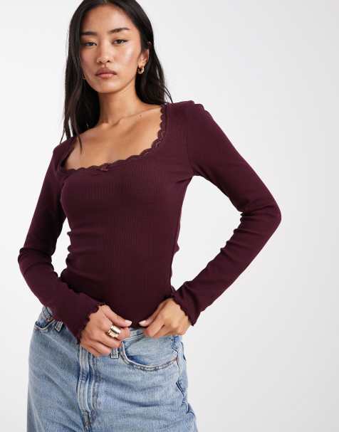 Miss Selfridge rib square neck top in plum