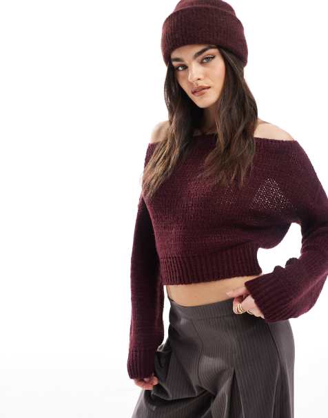 Miss Selfridge – Śliwkowy sweter z odsłoniętymi ramionami - view 1