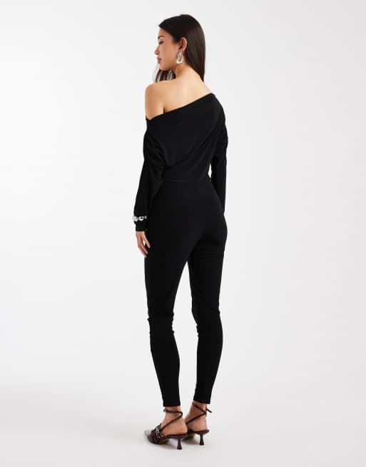 Miss Selfridge slouchy asymmetric jumpsuit in black, 2 of 4