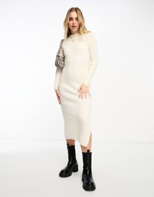 slouchy bardot rib knit cozy maxi dress in cream-White