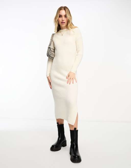 Miss Selfridge slouchy bardot rib knit cozy maxi dress in cream 