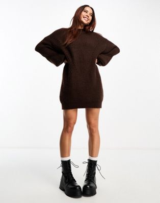 Miss Selfridge Slouchy Chunky Knit Mini Dress In Chocolate-brown
