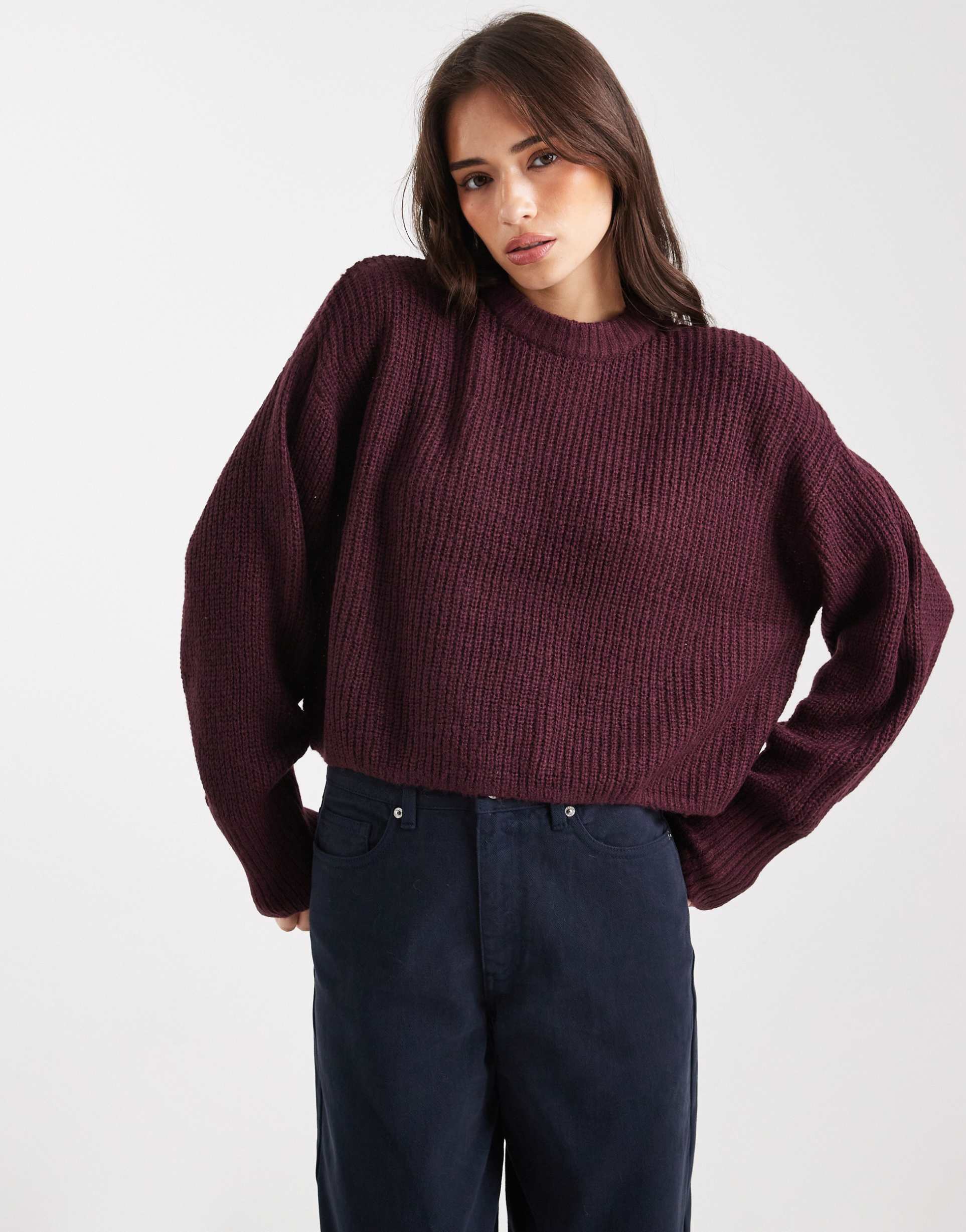 miss selfridge slouchy knit sweater in plum