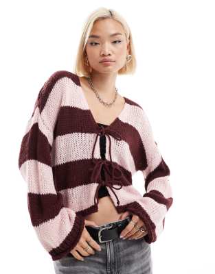 slouchy knitted tie front cardigan in stripe-Multi