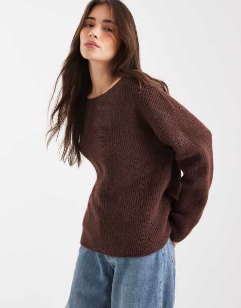 Miss Selfridge slouchy off the shoulder jumper in chocolate - view 1