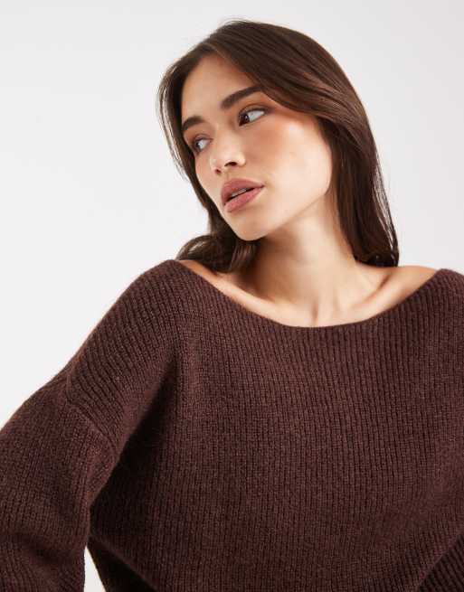 Miss Selfridge slouchy off the shoulder sweater in chocolate