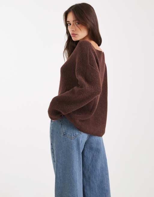 Miss Selfridge slouchy off the shoulder sweater in chocolate