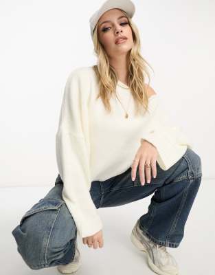 Miss Selfridge Slouchy Off The Shoulder Sweater In Cream-white
