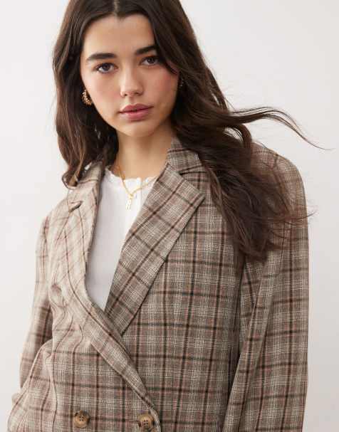 Miss Selfridge slouchy oversized double breasted blazer in brushed check - view 1