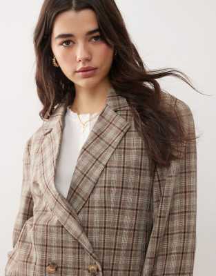 Miss Selfridge Slouchy Oversized Double Breasted Blazer In Brushed Plaid-multi