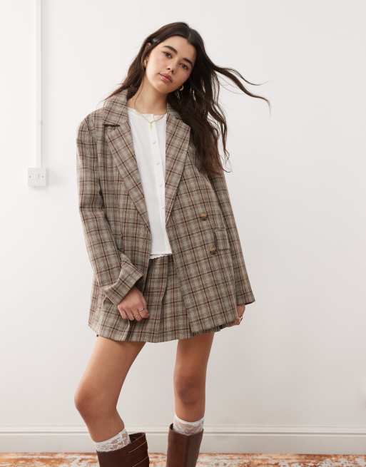 Miss Selfridge slouchy oversized double breasted blazer in brushed plaid