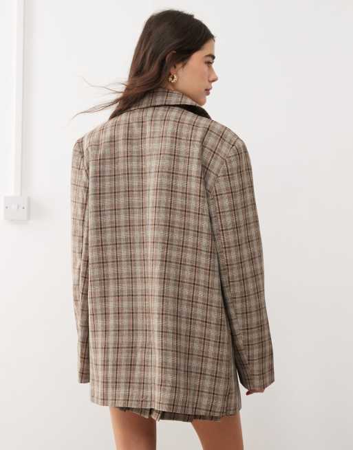 Miss Selfridge slouchy oversized double breasted blazer in brushed plaid
