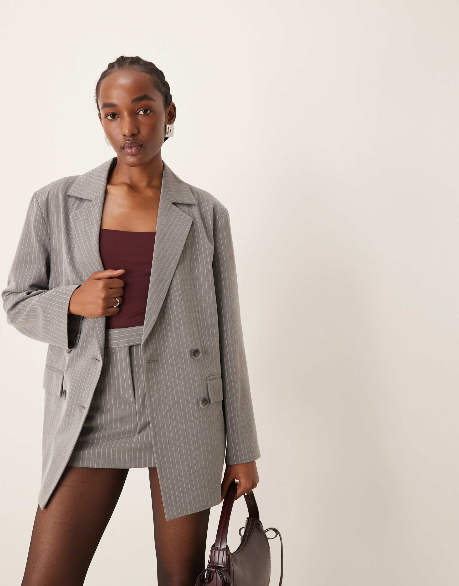 miss selfridge slouchy oversized double breasted blazer in gray pinstripe - part of a set